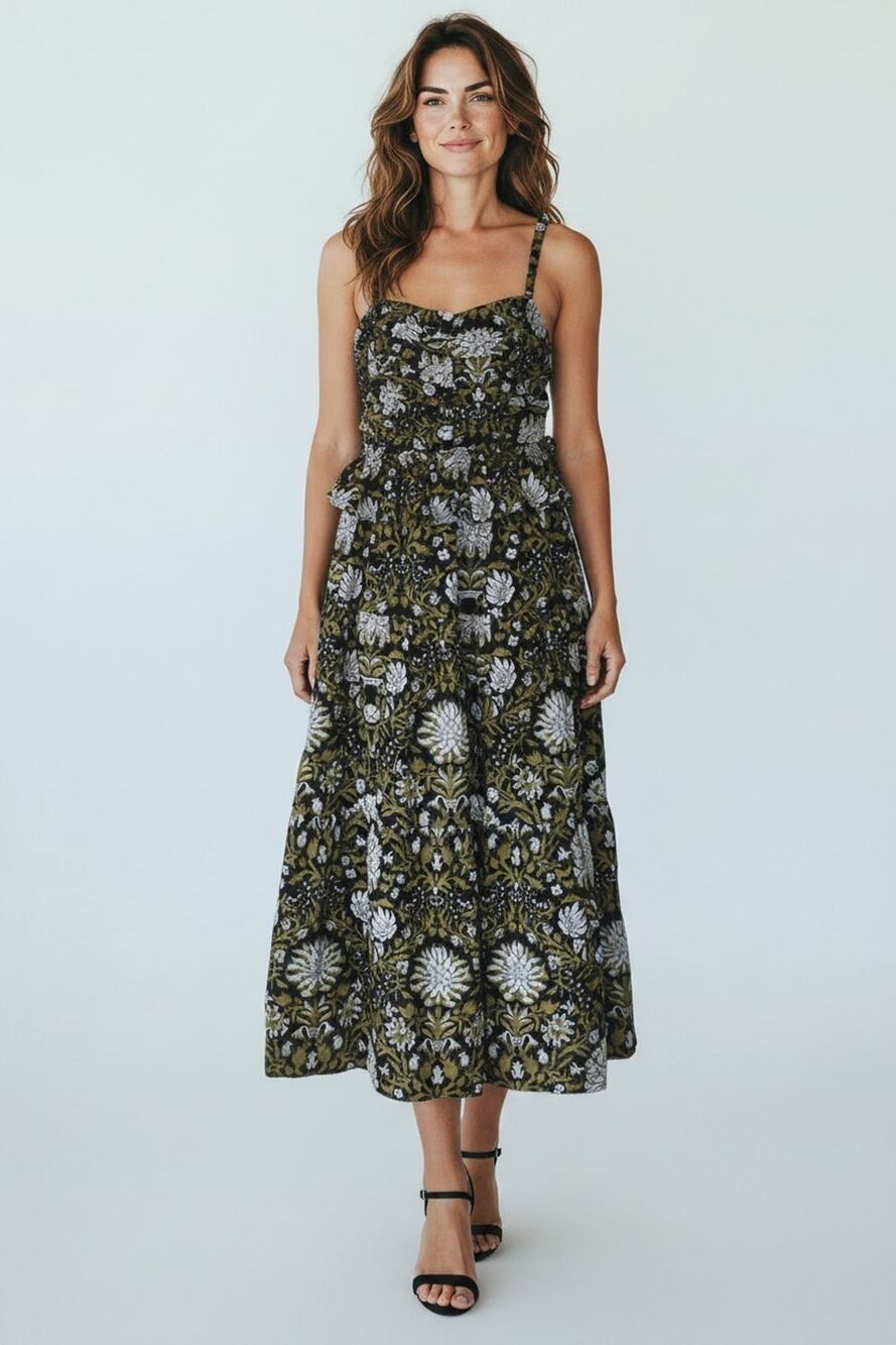 B6 NWT HYACINTH HOUSE Black/Olive Green Floral Peplum Midi Dress Size S